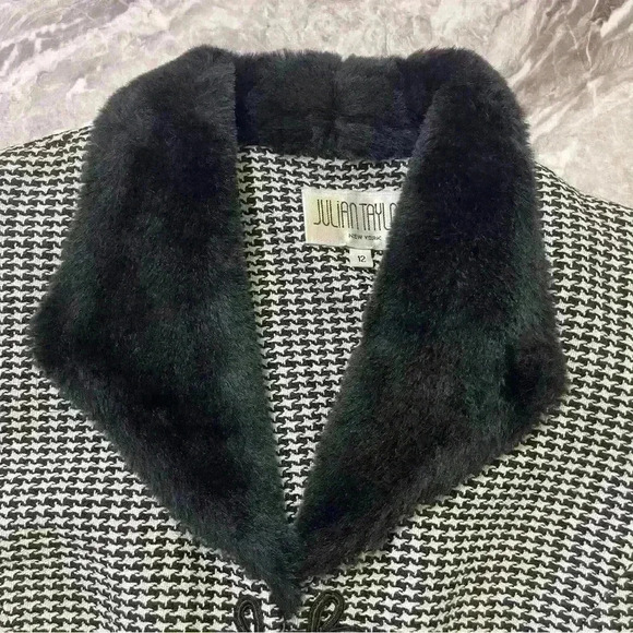 Julian Taylor Vintage Houndstooth Blazer With Faux Fur Collar Size 12 90s Black - Picture 9 of 14